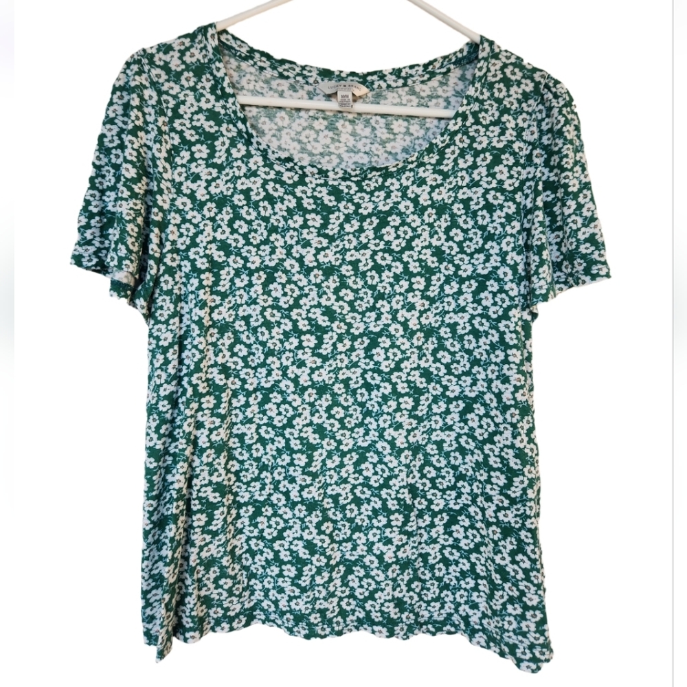 Lucky Brand Blue/Green T-Shirt with White Flowers Scoop Neck Size M